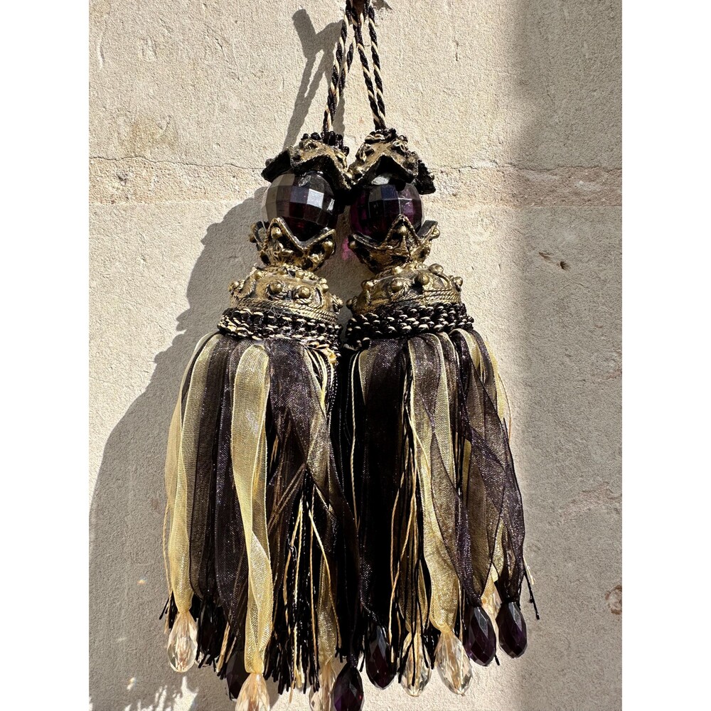 Vintage French Curtain Tassels, Ornate Gold Black Tie Backs, European Home Decor